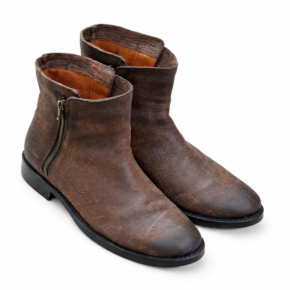 Frye Melissa Brown Textured Leather Side Zip Ankle Boots Booties 7.5B